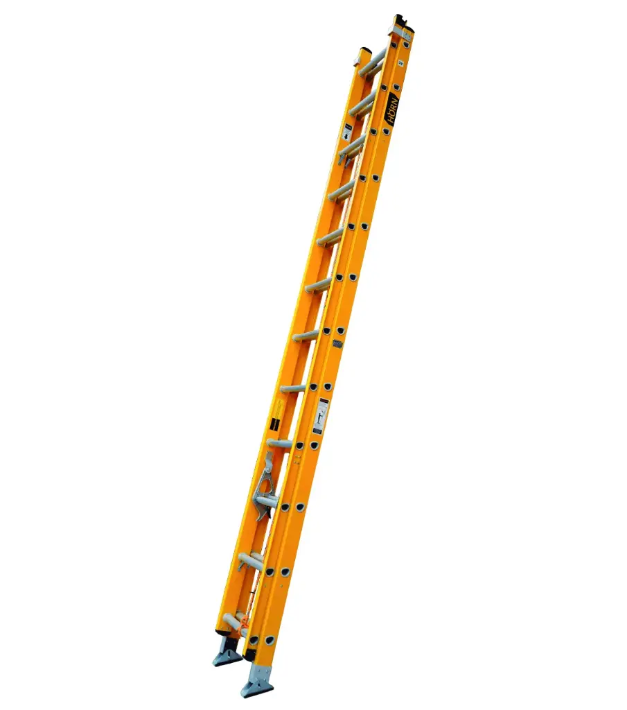 Escalera Telescópica Liviana de Fibra de Vidrio 24 pasos, color amarillo, peso 22 kg, altura 7.2 metros